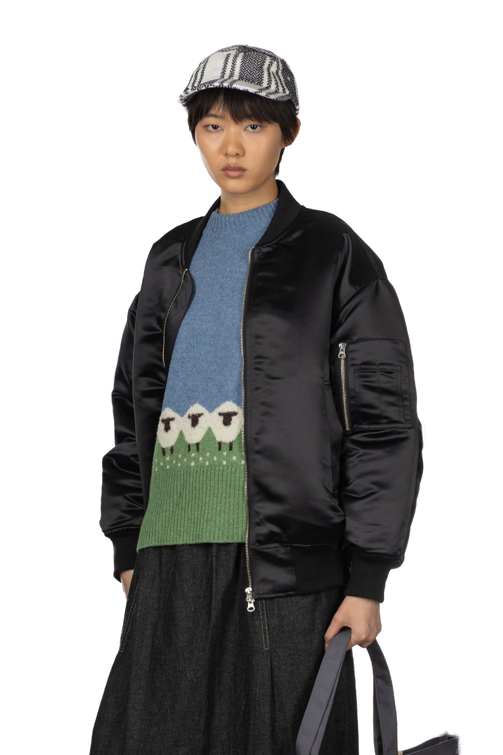 Manon - Heavy Satin Flight Jacket - Black